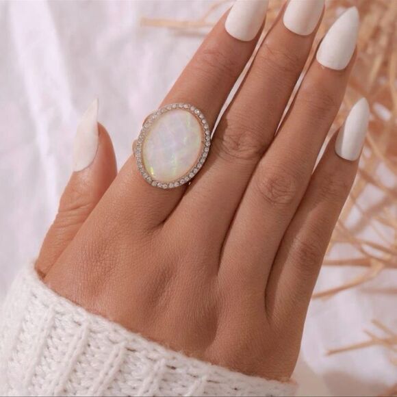NEW Large Pink Opal And Rhinestone Gold Tone Ring - Picture 2 of 5